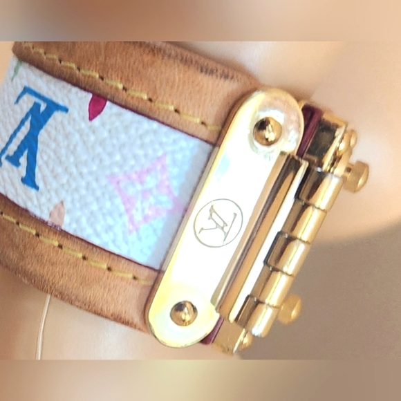 VTG LOUIS VUITTON White Monogram Multicolor 2004 Wide Gold Chunky Latch Bracelet - Picture 7 of 16